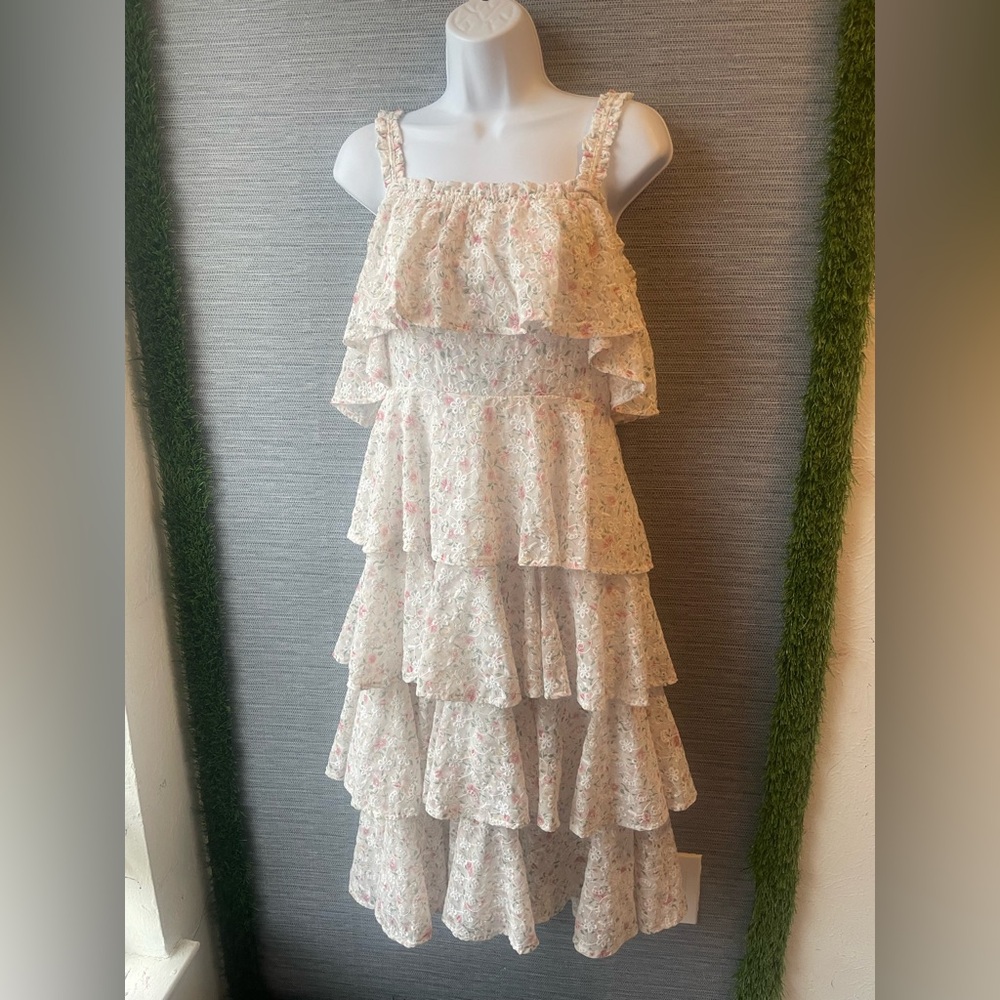 Storia Cream Floral Tiered Ruffle Dress